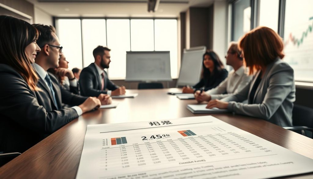 A sleek, modern office environment serves as the backdrop, featuring a large table surrounded by business professionals in smart attire engaged in a discussion. In the foreground, a close-up view reveals a financial document labeled “循環額度” highlighted with numerical charts and graphs showcasing cash flow implications. Soft, natural light filters through large windows, creating an inviting atmosphere while maintaining a serious tone. The camera angle is slightly overhead, allowing a clear view of the document as well as the engaged expressions of the individuals. In the background, a whiteboard displays additional financial data and a projector casts a shadow of graphical information, enhancing the image of collaboration and informed decision-making in finance. The mood is professional, focused, and collaborative, emphasizing the importance of understanding financial parameters in managing cash flow effectively.