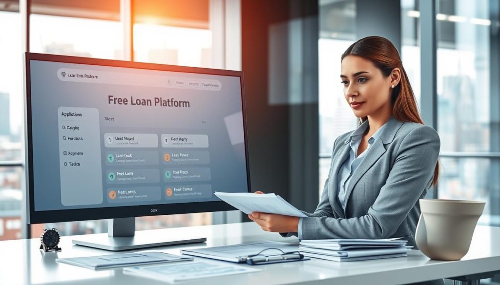A sleek, modern office setting with a financial theme, featuring a large desktop screen displaying a user-friendly interface of a "Free Loan Platform." In the foreground, a professional-looking person in business attire, a young woman with a focused expression, is interacting with the screen, showcasing options for loan applications. In the middle, various financial documents neatly arranged on the desk indicate careful planning and organization. The background includes a blurred view of a bustling urban landscape through a large window, creating a vibrant city atmosphere. Soft, natural lighting filters through the window, casting a warm glow that enhances the professional mood, suggesting trust and efficiency in financial services.