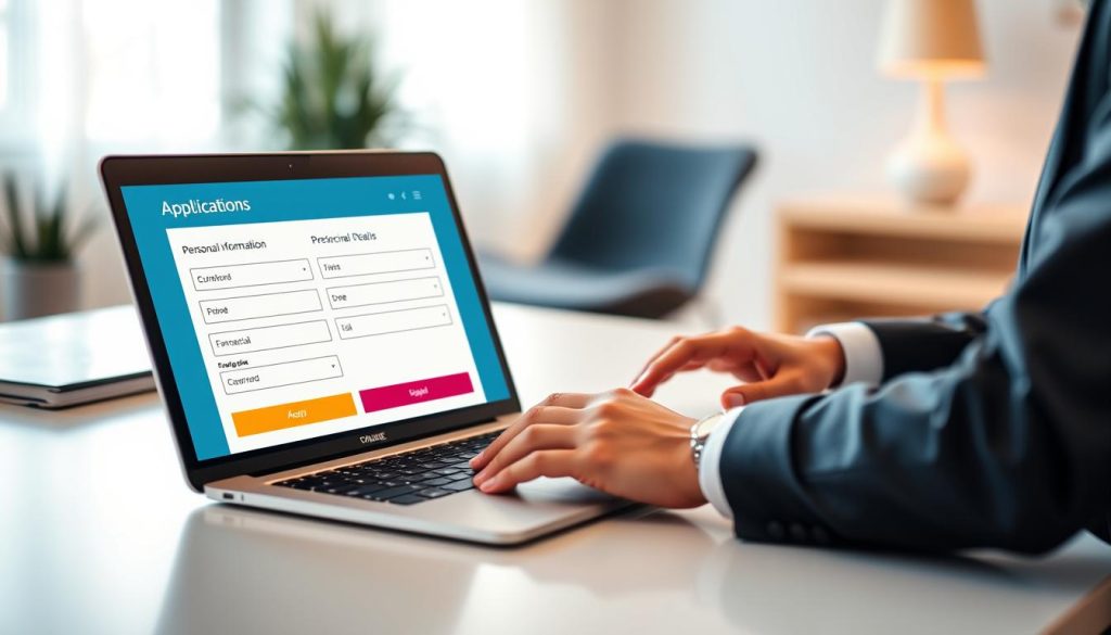A sleek, modern online application form is displayed prominently in the foreground, with clear sections for personal information, financial details, and submission buttons. The design is user-friendly and vibrant, showcasing an intuitive layout with distinct fields and icons. In the middle ground, a laptop is open on a clean desk, with a pair of professional-looking hands gently typing on the keyboard, dressed in smart business attire. The background features a softly blurred home office environment, with warm, inviting lighting that creates a focused yet relaxed atmosphere. The overall mood conveys efficiency and trust, emphasizing the importance of careful data entry to avoid application errors. A sleek, modern online application form is displayed prominently in the foreground, with clear sections for personal information, financial details, and submission buttons. The design is user-friendly and vibrant, showcasing an intuitive layout with distinct fields and icons. In the middle ground, a laptop is open on a clean desk, with a pair of professional-looking hands gently typing on the keyboard, dressed in smart business attire. The background features a softly blurred home office environment, with warm, inviting lighting that creates a focused yet relaxed atmosphere. The overall mood conveys efficiency and trust, emphasizing the importance of careful data entry to avoid application errors.