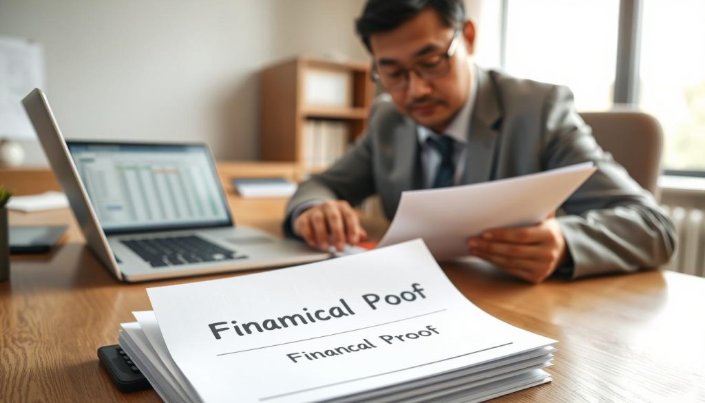A sleek, professional financial office setting as the background, featuring a polished wooden desk with a laptop open displaying a spreadsheet. In the foreground, neatly stacked documents labeled "Financial Proof" with a calculator beside them, emphasizing organization and preparation. A person in business attire, a middle-aged Asian man, is focused on reviewing these documents, their expression calm and confident. Soft, natural lighting filters in through a large window, creating a warm, inviting atmosphere. The camera angle is slightly above eye level, giving a feeling of depth and perspective while capturing the essence of diligence and financial readiness. The overall mood is serious yet hopeful, reflecting the importance of having the right papers to avoid unnecessary costs in loan applications. A sleek, professional financial office setting as the background, featuring a polished wooden desk with a laptop open displaying a spreadsheet. In the foreground, neatly stacked documents labeled "Financial Proof" with a calculator beside them, emphasizing organization and preparation. A person in business attire, a middle-aged Asian man, is focused on reviewing these documents, their expression calm and confident. Soft, natural lighting filters in through a large window, creating a warm, inviting atmosphere. The camera angle is slightly above eye level, giving a feeling of depth and perspective while capturing the essence of diligence and financial readiness. The overall mood is serious yet hopeful, reflecting the importance of having the right papers to avoid unnecessary costs in loan applications.