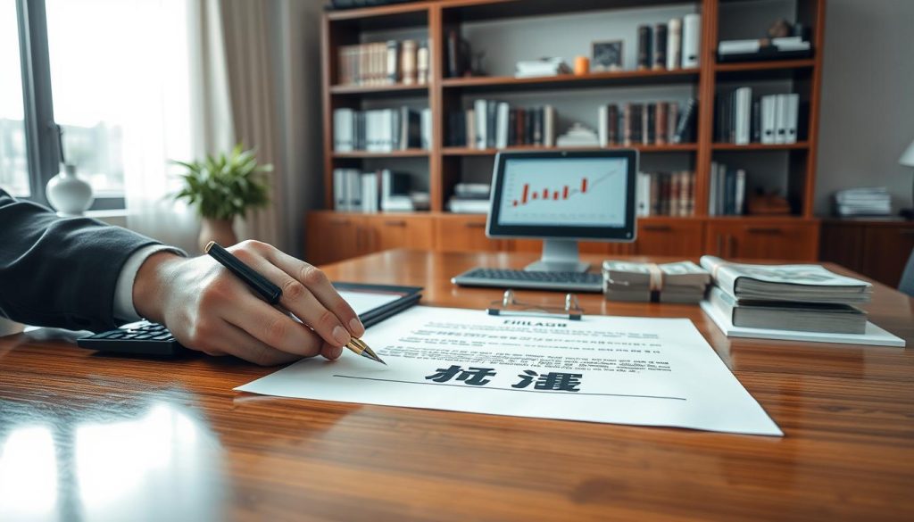 A sophisticated office scene depicting a financial document labeled "財力證明" prominently placed on a polished wooden desk. In the foreground, a pair of hands is seen holding a pen, poised to sign the document. In the middle, various financial items are arranged artistically: a calculator, an open laptop displaying financial graphs, and stacks of currency notes. The background features an elegant bookshelf filled with finance-related books and a large window allowing natural light to pour in, casting soft shadows. The mood is professional and serious, emphasizing trust and reliability in financial decisions. The room is immaculately clean, showcasing a modern, upscale aesthetic, with a warm color palette to enhance the inviting atmosphere.