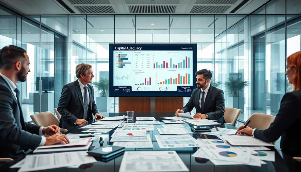 A sophisticated office setting depicting the concept of "capital adequacy" in banking. In the foreground, a diverse group of three professionals in formal business attire—two men and one woman—are engaged in an animated discussion around a large conference table overflowing with financial reports and graphs. The middle ground features a sleek digital monitor displaying complex financial data and regulatory charts, emphasizing the regulatory framework. The background reveals a modern bank interior with glass walls, high ceilings, and large windows that allow natural light to flood the space, creating a bright and optimistic atmosphere. The image is framed from a slightly elevated angle, capturing the dynamic interaction while highlighting the importance of financial stability and oversight in banking. The overall mood is professional, focused, and forward-looking. A sophisticated office setting depicting the concept of "capital adequacy" in banking. In the foreground, a diverse group of three professionals in formal business attire—two men and one woman—are engaged in an animated discussion around a large conference table overflowing with financial reports and graphs. The middle ground features a sleek digital monitor displaying complex financial data and regulatory charts, emphasizing the regulatory framework. The background reveals a modern bank interior with glass walls, high ceilings, and large windows that allow natural light to flood the space, creating a bright and optimistic atmosphere. The image is framed from a slightly elevated angle, capturing the dynamic interaction while highlighting the importance of financial stability and oversight in banking. The overall mood is professional, focused, and forward-looking.