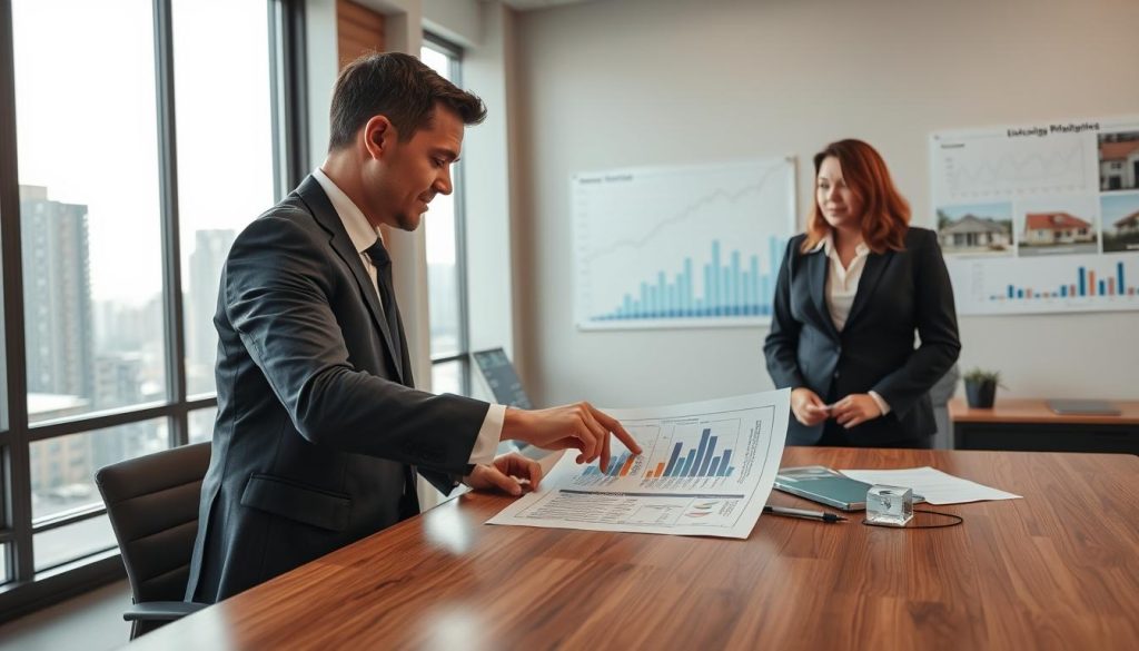 A sophisticated real estate appraisal scene depicting a real estate agent and a potential buyer in a modern office. In the foreground, the agent, dressed in professional business attire, is pointing at a detailed property report on a sleek wooden desk. The buyer, also in business casual clothing, appears engaged and interested. In the middle ground, large windows showcase a city skyline, with buildings symbolizing various market values. The background includes charts and graphs on the wall illustrating housing market trends. Soft, natural lighting filters through the windows, creating a bright and optimistic atmosphere. The overall mood conveys professionalism and informed discussion about property valuation in relation to market conditions.