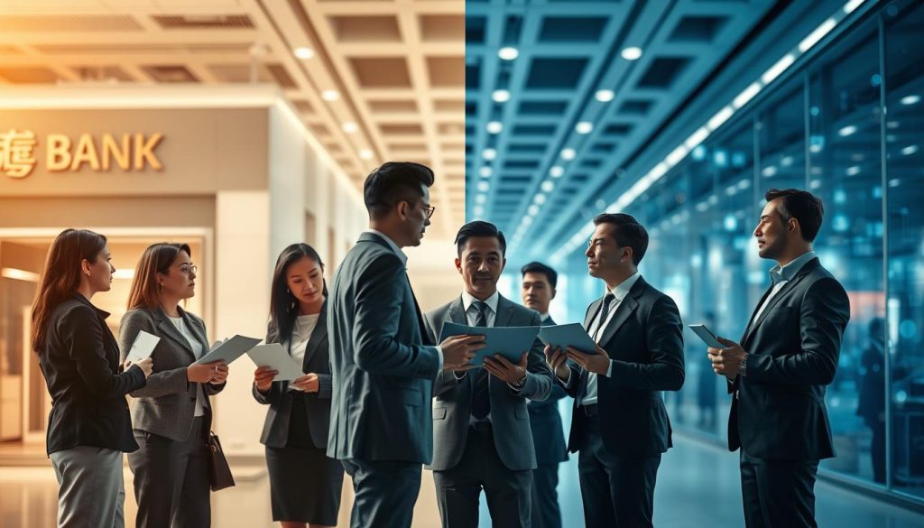 A split scene illustrating "信息落差" in a corporate setting. In the foreground, a diverse group of professionals in business attire, engaged in a discussion, holding documents and tablets, depicting the complexities of communication between the代辦公司 and the bank. In the middle ground, contrasting imagery of a bank branch on one side with a sleek, modern office of the代辦公司 on the other, showcasing the divide. The background features blurred silhouettes of network connections and data streams, symbolizing information flow. Bright but soft lighting illuminates the professionals, creating a focused atmosphere, with a slight shadow emphasizing the divide in understanding. The camera angle is slightly elevated, providing a clear view of the interaction and the contrasting environments.