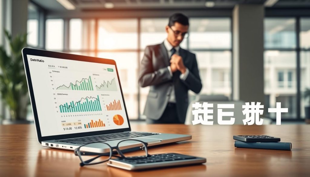 A stylized financial illustration showcasing the concept of "負債比" (debt ratio). In the foreground, an elegant desk with a modern laptop open, displaying financial data charts and graphs related to debt assessment. Next to the laptop, a pair of professional glasses and a financial calculator. The middle ground features a soft-focus image of a diverse professional in business attire, thoughtfully analyzing the data, symbolizing the underwriting process. The background includes a blurred office setting with large windows allowing natural light to pour in, creating a balanced and bright atmosphere. The overall mood is one of focus, professionalism, and analytical rigor, emphasizing the importance of understanding financial ratios in risk assessment. A stylized financial illustration showcasing the concept of "負債比" (debt ratio). In the foreground, an elegant desk with a modern laptop open, displaying financial data charts and graphs related to debt assessment. Next to the laptop, a pair of professional glasses and a financial calculator. The middle ground features a soft-focus image of a diverse professional in business attire, thoughtfully analyzing the data, symbolizing the underwriting process. The background includes a blurred office setting with large windows allowing natural light to pour in, creating a balanced and bright atmosphere. The overall mood is one of focus, professionalism, and analytical rigor, emphasizing the importance of understanding financial ratios in risk assessment.