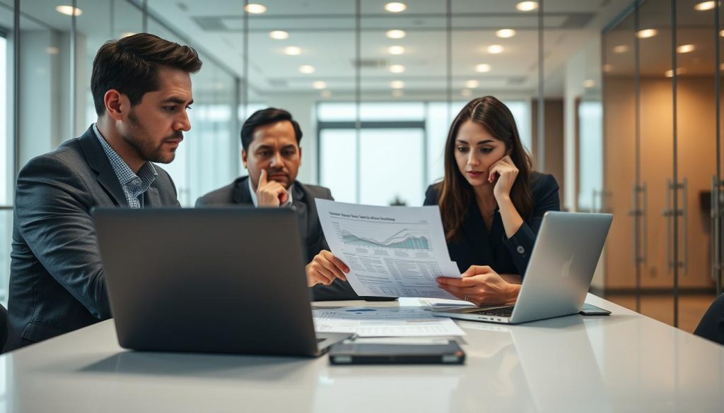 A thoughtful business meeting scene, featuring a diverse group of three professionals—two men and one woman—discussing a document on a sleek conference table. The foreground shows their serious expressions, highlighting their determination to analyze the situation. In the middle, they are surrounded by laptops and paperwork, embodying a collaborative environment where they are engaged in reflection and strategy. The background reveals a modern office space with glass walls and soft, natural lighting pouring in, creating a warm and focused atmosphere. The professionals are dressed in smart business attire, emphasizing the seriousness of their task. Capture the mood of determination and insight as they review the reasons for previous setbacks and plan their next steps.
