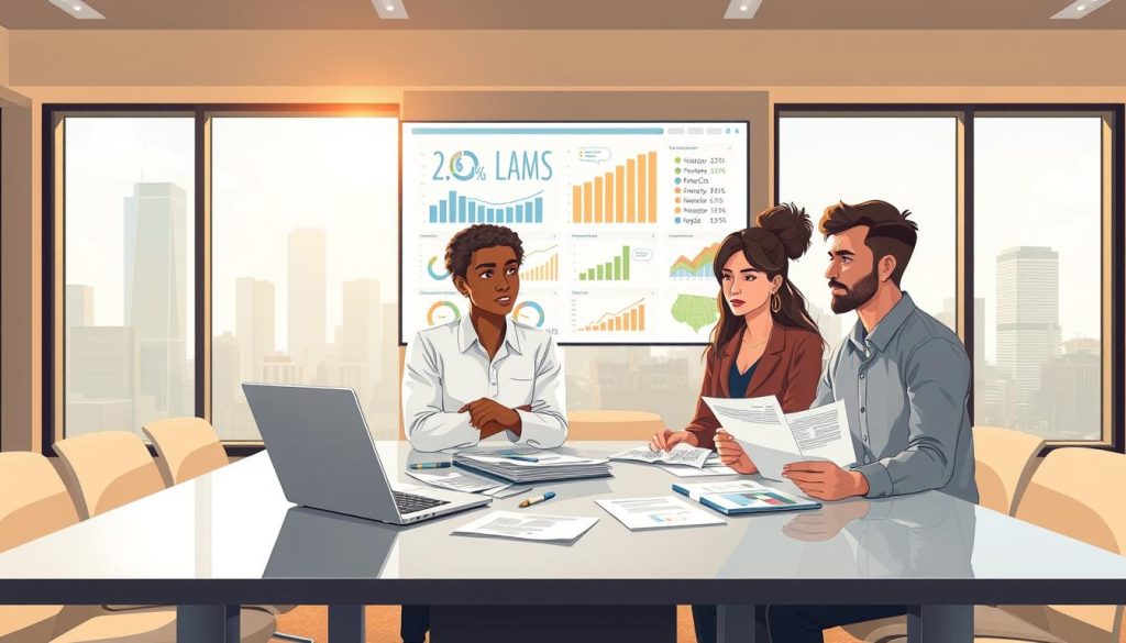 A thoughtful, illustrated scene depicting the concept of loans in a business context. In the foreground, a diverse group of three professionals—two men and one woman—are engaged in a discussion around a sleek conference table filled with financial documents and a laptop displaying graphs. They are dressed in professional business attire, exhibiting expressions of concentration and concern. In the middle ground, a large wall-mounted screen displays various loan-related statistics and infographics, symbolizing financial data analysis. The background features large windows with a city skyline, bathed in soft sunlight, creating a warm, inviting atmosphere. The lighting is bright yet soft, emphasizing a sense of professionalism and gravity surrounding the topic. The overall mood conveys seriousness and careful consideration regarding the concept of loans.