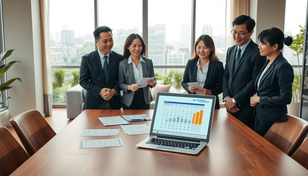A tranquil scene illustrating the concept of "pre-house handover mortgage planning," set in a modern Taiwanese urban environment. In the foreground, a diverse group of professional individuals (two men and two women) in smart business attire, engaged in a productive discussion around a sleek wooden table covered with documents and a laptop open to a mortgage calculator. The middle layer features a stylish living room with large windows showcasing a cityscape outside, symbolizing the anticipation of homeownership. The background includes calming greenery visible through the windows, creating a peaceful vibe. The lighting is soft and warm, capturing a friendly, professional atmosphere. The image composition is slightly angled to emphasize depth, suggesting a sense of accomplishment and forward planning without any text or overlays.
