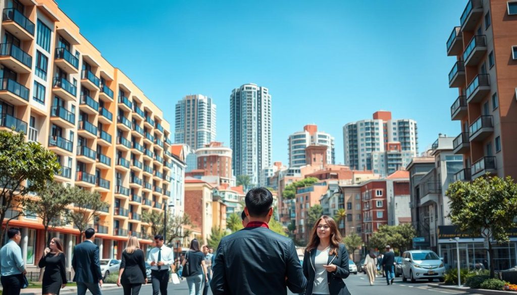 A vibrant urban landscape showcasing a diverse residential area that emphasizes real estate market dynamics. In the foreground, a modern apartment complex with appealing architecture reflects the idea of home ownership. The middle ground features a busy street filled with real estate agents discussing properties with potential buyers, dressed in professional attire. In the background, a mix of older buildings and newer constructions illustrates different property ages and values. Bright natural lighting highlights the scene, while a clear blue sky adds an uplifting mood. The image captures the essence of real estate marketability, focusing on location, property age, and ownership shares in a professional and engaging manner. A vibrant urban landscape showcasing a diverse residential area that emphasizes real estate market dynamics. In the foreground, a modern apartment complex with appealing architecture reflects the idea of home ownership. The middle ground features a busy street filled with real estate agents discussing properties with potential buyers, dressed in professional attire. In the background, a mix of older buildings and newer constructions illustrates different property ages and values. Bright natural lighting highlights the scene, while a clear blue sky adds an uplifting mood. The image captures the essence of real estate marketability, focusing on location, property age, and ownership shares in a professional and engaging manner.