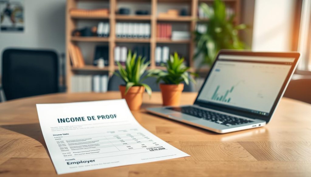 A visually appealing image of an "income proof" document lying on a clean, wooden desk in a modern office setting. The foreground features a neatly organized income statement with clear figures, graphs, and the signature of an employer, all displayed in a professional format. Beside the document, a stylish laptop is open, showcasing a financial application on the screen. In the middle ground, a potted plant adds a touch of greenery, contributing to the atmosphere of stability and professionalism. The background reveals a blurred view of office equipment and shelves lined with books, evoking a sense of a well-maintained workspace. The light is bright and natural, coming from a window to create a warm and inviting ambiance, suggesting reliability and trustworthiness.