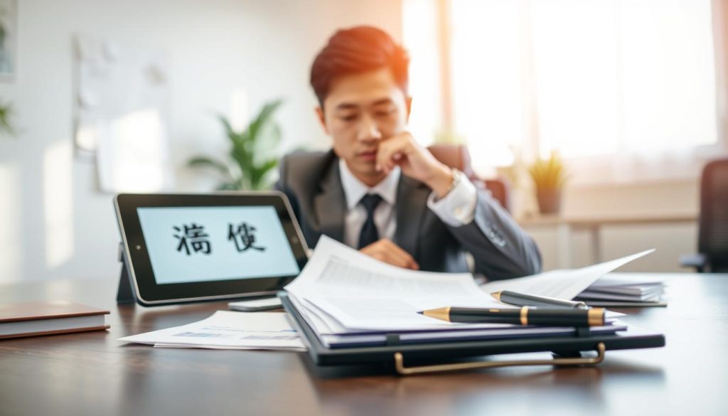 A visually compelling office setting focused on a credit report analysis. In the foreground, a neatly organized desk with a digital tablet displaying a "聯徵紀錄" on the screen, alongside a few printed documents and a pen, suggesting meticulous preparation. In the middle ground, a professional individual in business attire, a young Asian man, is thoughtfully reviewing the documents, with a slight furrow in his brow, reflecting concentration. The background features a softly blurred office environment illuminated by natural light streaming through a window, creating an inviting and productive atmosphere. The overall mood should convey diligence and professionalism, suitable for a financial analysis context. A visually compelling office setting focused on a credit report analysis. In the foreground, a neatly organized desk with a digital tablet displaying a "聯徵紀錄" on the screen, alongside a few printed documents and a pen, suggesting meticulous preparation. In the middle ground, a professional individual in business attire, a young Asian man, is thoughtfully reviewing the documents, with a slight furrow in his brow, reflecting concentration. The background features a softly blurred office environment illuminated by natural light streaming through a window, creating an inviting and productive atmosphere. The overall mood should convey diligence and professionalism, suitable for a financial analysis context.