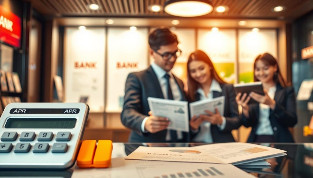 A visually engaging and informative illustration representing "APR總費用年百分率," featuring a calculator placed prominently in the foreground, displaying numerical values and graphs. The background includes a softly blurred bank setting, with subtle hints of bank brochures and financial paperwork, evoking a sense of professional finance. In the middle ground, a diverse group of three business professionals, dressed in smart business attire, are analyzing various loan offers on digital tablets and laptops. Warm, natural lighting illuminates the scene, creating a welcoming yet serious atmosphere that emphasizes the importance of informed decision-making in banking. The composition is shot from a slightly elevated angle, drawing the viewer into the collaborative effort of comparing loan options while avoiding a singular focus on the lowest interest rates. A visually engaging and informative illustration representing "APR總費用年百分率," featuring a calculator placed prominently in the foreground, displaying numerical values and graphs. The background includes a softly blurred bank setting, with subtle hints of bank brochures and financial paperwork, evoking a sense of professional finance. In the middle ground, a diverse group of three business professionals, dressed in smart business attire, are analyzing various loan offers on digital tablets and laptops. Warm, natural lighting illuminates the scene, creating a welcoming yet serious atmosphere that emphasizes the importance of informed decision-making in banking. The composition is shot from a slightly elevated angle, drawing the viewer into the collaborative effort of comparing loan options while avoiding a singular focus on the lowest interest rates.