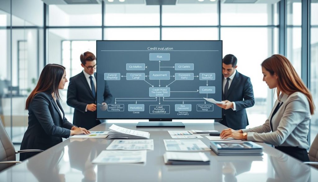 A visually engaging and informative representation of the credit assessment logic used in business loan evaluations. In the foreground, a professional, diverse group of business people, dressed in business attire, are analyzing financial reports and charts on a sleek, modern conference table. In the middle, a large digital screen displays a complex flowchart illustrating the steps of credit evaluation: risk assessment, credit history, and financial stability. The background features a sleek office environment with large windows letting in natural light, creating a bright and optimistic atmosphere. Soft, diffused lighting enhances the professionalism of the scene, captured with a slight depth-of-field effect to focus on the group while blurring the office background. The overall mood conveys collaboration and analytical thinking. A visually engaging and informative representation of the credit assessment logic used in business loan evaluations. In the foreground, a professional, diverse group of business people, dressed in business attire, are analyzing financial reports and charts on a sleek, modern conference table. In the middle, a large digital screen displays a complex flowchart illustrating the steps of credit evaluation: risk assessment, credit history, and financial stability. The background features a sleek office environment with large windows letting in natural light, creating a bright and optimistic atmosphere. Soft, diffused lighting enhances the professionalism of the scene, captured with a slight depth-of-field effect to focus on the group while blurring the office background. The overall mood conveys collaboration and analytical thinking.