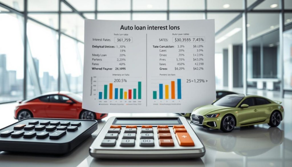 A visually engaging comparison image illustrating auto loan interest rates and calculation methods. In the foreground, a modern calculator displays percentages and formulas related to interest rates, surrounded by various car models symbolizing auto loans. The middle section features a contrasting set of charts and graphs, highlighting different loan options and their respective rates, presented in a clear, professional style. In the background, a sleek office environment with large windows shows a cityscape, conveying a financial atmosphere. The lighting is bright and clean, emphasizing clarity and focus. The overall mood is informative and analytical, designed to capture the attention of readers interested in financial decisions. No text or overlays.