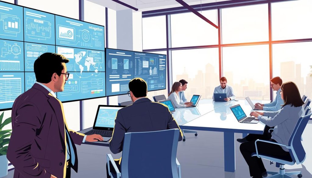 A visually engaging illustration representing "system integration" set in a contemporary office environment. In the foreground, an IT professional in smart business attire is attentively analyzing multiple screens displaying complex data flows and integration diagrams. In the middle ground, teams collaborate around a sleek conference table, engaging in discussions with digital devices showcasing charts and workflow automation. The background features large windows with a cityscape view, symbolizing a global interconnectedness. The lighting is bright and dynamic, emphasizing a sense of innovation and urgency. The atmosphere is one of focused determination, reflecting the potential and risks of system integration and automation in a multi-platform logistics ecosystem.
