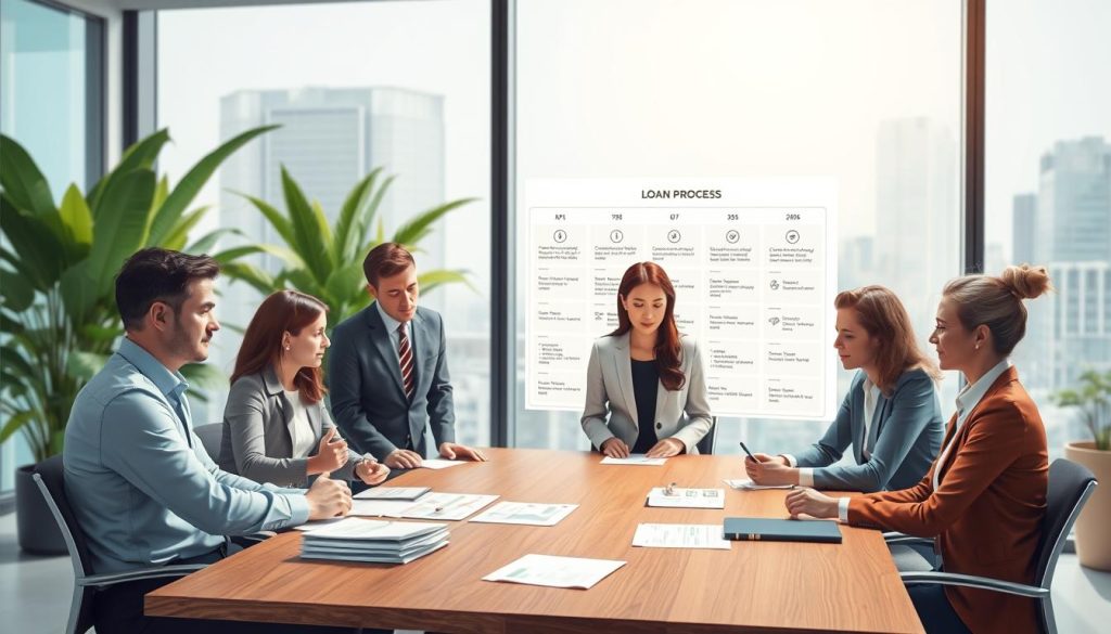A visually engaging illustration representing the "loan process steps" in a professional setting. In the foreground, a diverse group of individuals dressed in business attire, including a consultant and a client, discuss documents at a wooden conference table. The middle ground features a large chart outlining the various stages of the loan application process, including icons for applying, approving, and disbursing funds. The background consists of a modern office space with large windows allowing natural light to flood in, plants for a touch of greenery, and a cityscape visible outside. The mood is focused and collaborative, conveying professionalism and clarity, with soft shadows to add depth to the scene.
