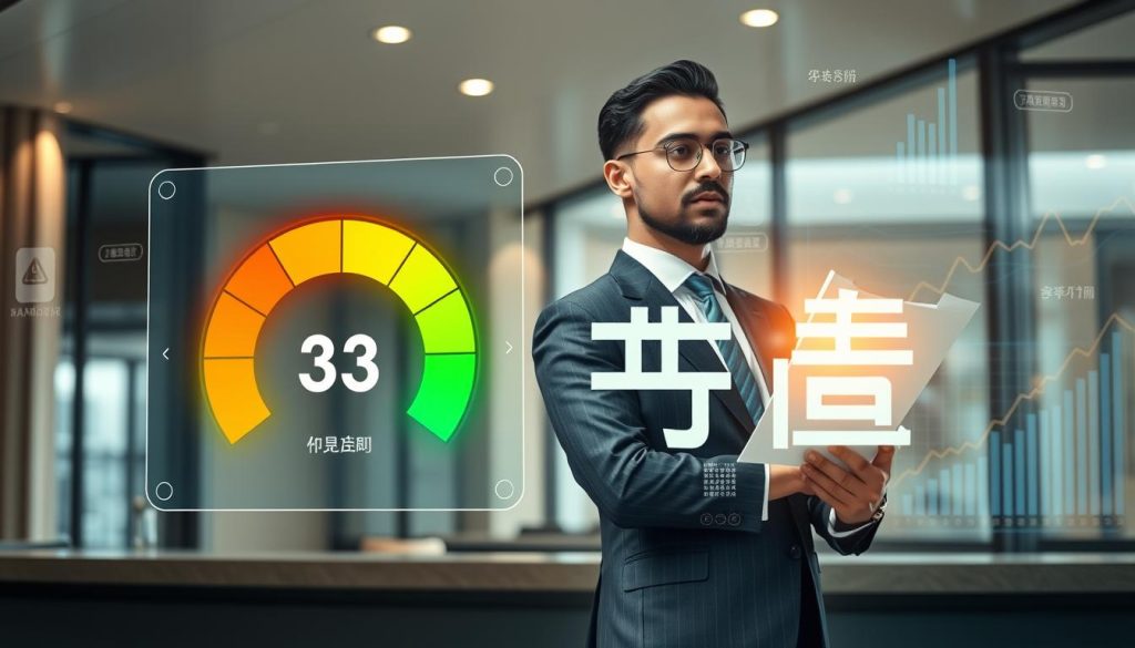 A visually engaging representation of "信用評分" (credit score) surrounded by elements representing financial stability and metrics. In the foreground, a transparent digital screen displays a glowing credit score meter with colors transitioning from red to green, indicating different credit levels. In the middle ground, a professional, diverse businessperson in a suit, looking thoughtfully at a holographic financial report, stands next to the screen. The background features a modern bank interior with sleek lines, soft natural lighting, and abstract representations of graphs and data flows that hint at credit records. The overall mood is analytical yet hopeful, capturing the importance of credit scores in loan approvals and interest rates.