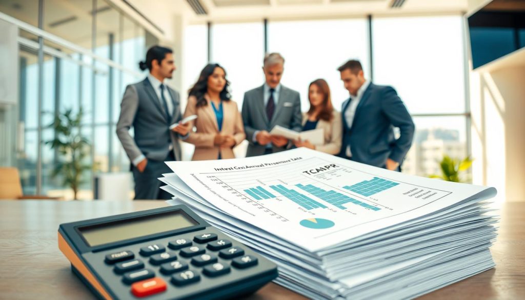 A visually informative and engaging illustration depicting the concept of "Total Cost Annual Percentage Rate" (TCAPR) in a financial context. In the foreground, a calculator and a stack of documents with charts and graphs showing interest rates and costs. In the middle ground, a diverse group of professional individuals, dressed in business attire, analyzing these documents together, emphasizing collaboration. The background features a sleek, modern office environment with large windows providing natural light, casting soft shadows. Use bright, inviting colors to create a sense of optimism and clarity. The atmosphere should be focused and professional, exuding trust and competence in financial discussions. The angle should be slightly overhead to capture both the details on the papers and the engaged expressions of the individuals, enhancing the image's educational intent.