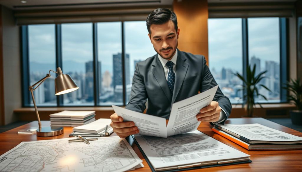 A visually informative scene depicting the concept of "權狀查核" (title deed verification). In the foreground, a confident professional dressed in smart business attire examines a detailed property title document, holding a magnifying glass, symbolizing diligence and scrutiny. The middle ground features a sleek desk scattered with real estate maps and legal books, with a soft glow from a desk lamp that enhances the focused atmosphere. In the background, a large window reveals a view of a contemporary city skyline, suggesting the modern context of real estate transactions. The lighting is warm, creating an inviting yet serious mood, emphasizing professionalism and attention to detail. The image should be framed at a slight angle to capture depth and engage the viewer, without any text or distractions. A visually informative scene depicting the concept of "權狀查核" (title deed verification). In the foreground, a confident professional dressed in smart business attire examines a detailed property title document, holding a magnifying glass, symbolizing diligence and scrutiny. The middle ground features a sleek desk scattered with real estate maps and legal books, with a soft glow from a desk lamp that enhances the focused atmosphere. In the background, a large window reveals a view of a contemporary city skyline, suggesting the modern context of real estate transactions. The lighting is warm, creating an inviting yet serious mood, emphasizing professionalism and attention to detail. The image should be framed at a slight angle to capture depth and engage the viewer, without any text or distractions.