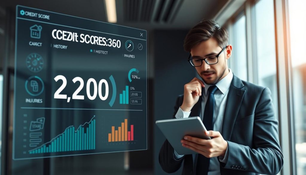 A visually striking concept for "信用評分" depicting a credit score dashboard. In the foreground, a modern digital display shows a glowing credit score number prominently, surrounded by icons representing financial metrics like payment history, utilization rates, and inquiries. The middle ground features a professional business individual analyzing the data, dressed in business attire, with a thoughtful expression, using a tablet to assess their credit profile. The background consists of a sleek office environment, bathed in soft, natural lighting that highlights the digital elements, evoking a sense of professionalism and clarity. The overall mood is focused, conveying the importance of credit scores in financial decisions while ensuring a clean and organized composition.
