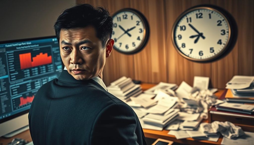 A visually striking depiction of the concept of "不實資料" (false information) in a financial context. In the foreground, a concerned business professional in smart attire, looking at a computer screen displaying manipulated data and distorted financial figures. The middle ground shows a cluttered office desk filled with loan applications and paperwork, some crumpled, symbolizing deceit. In the background, a large wall clock ticking ominously, indicating the pressure of time. The lighting is stark and dramatic, casting harsh shadows, enhancing the tense atmosphere. Use a wide-angle lens to create depth, focusing on the anxious expression of the subject, conveying the risks and consequences of submitting false information in the loan application process.
