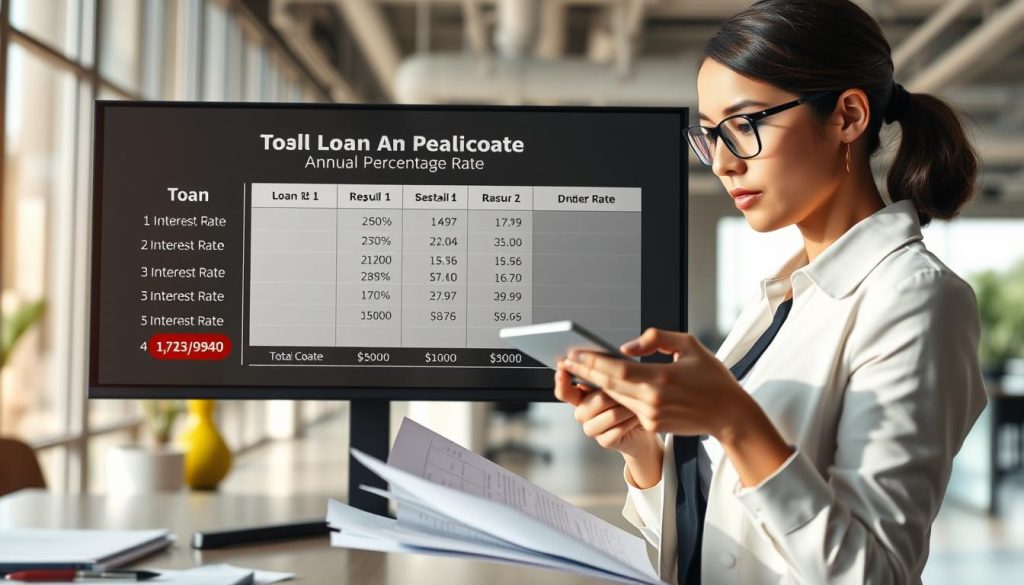 A visually striking illustration representing the concept of "Total Cost Annual Percentage Rate" in the context of loan applications. In the foreground, a professional businesswoman in smart attire analyzes financial documents, with a calculator in hand. The middle ground features a digital screen displaying a graph comparing various loan rates and costs, with highlighted data points that offer clarity on interest rates. The background shows a modern office space with large windows allowing natural light to flood the room, creating a bright atmosphere. The overall mood is one of focus and analytical thinking, capturing the essence of evaluating financial options wisely. The image should be composed in soft-focus to emphasize the subject and details vividly.