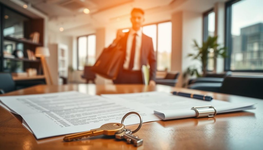 A visually striking image depicting "collateral" in a business context. In the foreground, a set of elegant, well-organized documents resting on a polished wooden desk, highlighting financial paperwork and a key with a small house keychain, symbolizing assets at stake. In the middle, a professional-looking individual in business attire, holding a briefcase, depicting a sense of preparedness and seriousness. The background features a softly blurred office environment with modern décor, large windows allowing natural light to flood the room, creating a warm yet focused atmosphere. The lighting should be bright but not harsh, conveying a professional setting, aimed at illustrating the nuanced role of collateral in business transactions.