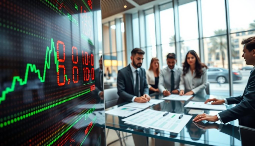 A visually striking image depicting interest rates as a central theme. In the foreground, a close-up of a digital display board showcasing fluctuating interest rate numbers in green and red, indicating stability and volatility. The middle ground includes a diverse group of professionals, dressed in business attire, discussing loan agreements around a glass table, with charts and documents spread out before them. In the background, a modern bank interior featuring tall glass windows that allow natural light to flood in, creating an uplifting atmosphere. The lighting is bright and professional, highlighting the focus and determination of the individuals. The overall mood conveys trust and clarity in financial decision-making.