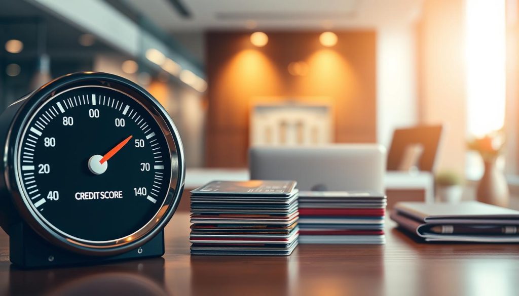 A visually striking representation of a credit score concept, featuring a large digital gauge displaying a fluctuating credit score needle nestled in the foreground. In the middle ground, include a stack of varied credit cards symbolizing different types of loans, elegantly arranged on a polished wooden desk. In the background, a softly blurred bank office setting with ambient lighting creates a professional atmosphere. The scene should have warm, inviting tones, suggesting optimism and financial growth. The image is designed to evoke a sense of seriousness and professionalism, suitable for financial contexts, with no people present to focus solely on the credit score theme.