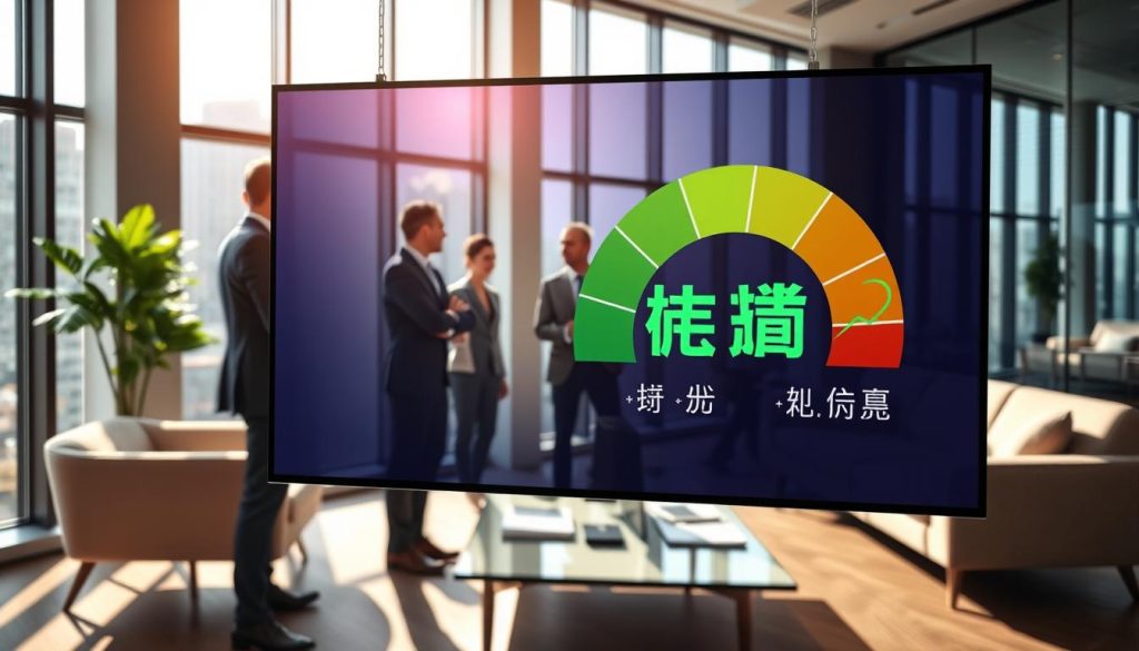 A visually striking representation of "信用分數" (credit score) that showcases its significance in personal finance. In the foreground, a digital screen displays an animated, colorful gauge indicating varying credit scores, with green representing excellent credit, transitioning to red for poor credit. The middle layer features a diverse group of professionals, dressed in business attire, engaged in a discussion about loans, with charts and graphs highlighted around them. The background portrays a modern office setting, with large windows allowing natural light to pour in, casting soft shadows on the sleek furniture. The atmosphere is focused and collaborative, emphasizing the importance of understanding credit scores and debt ratios in loan matching processes, with a warm, inviting color palette to convey a sense of trust and security. The angle captures both the screen and the professionals, highlighting their engagement with the subject. A visually striking representation of "信用分數" (credit score) that showcases its significance in personal finance. In the foreground, a digital screen displays an animated, colorful gauge indicating varying credit scores, with green representing excellent credit, transitioning to red for poor credit. The middle layer features a diverse group of professionals, dressed in business attire, engaged in a discussion about loans, with charts and graphs highlighted around them. The background portrays a modern office setting, with large windows allowing natural light to pour in, casting soft shadows on the sleek furniture. The atmosphere is focused and collaborative, emphasizing the importance of understanding credit scores and debt ratios in loan matching processes, with a warm, inviting color palette to convey a sense of trust and security. The angle captures both the screen and the professionals, highlighting their engagement with the subject.
