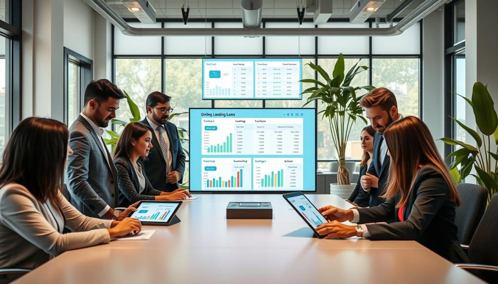 A vivid scene illustrating the concept of online loan comparison. In the foreground, a diverse group of professionals, dressed in smart business attire, is gathered around a sleek conference table, analyzing digital devices displaying graphical comparisons of banks and online lending platforms. The middle layer features large, modern screens showcasing a user-friendly interface of various loan options, emphasizing clarity and accessibility. In the background, a stylish office space with large windows lets in natural light, creating an inviting atmosphere with green plants for a touch of warmth. The mood is one of collaboration and modernity, symbolizing the ease and efficiency of online financial services, with soft lighting highlighting the professionals' engaged expressions. The perspective is slightly angled to provide depth and context to the setting. A vivid scene illustrating the concept of online loan comparison. In the foreground, a diverse group of professionals, dressed in smart business attire, is gathered around a sleek conference table, analyzing digital devices displaying graphical comparisons of banks and online lending platforms. The middle layer features large, modern screens showcasing a user-friendly interface of various loan options, emphasizing clarity and accessibility. In the background, a stylish office space with large windows lets in natural light, creating an inviting atmosphere with green plants for a touch of warmth. The mood is one of collaboration and modernity, symbolizing the ease and efficiency of online financial services, with soft lighting highlighting the professionals' engaged expressions. The perspective is slightly angled to provide depth and context to the setting.