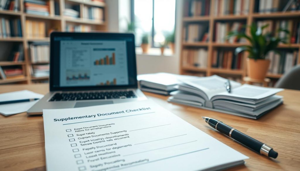 A well-organized desk featuring a "Supplementary Document Checklist" in a professional office setting. In the foreground, a clean, neatly arranged checklist printed on high-quality paper with bullet points indicating necessary documents for loan approval. In the middle ground, a laptop displaying financial data, a neatly stacked folder with more documents, and a pen resting on an open notebook. The background shows a soft-focus view of bookshelves filled with finance-related books and potted plants for a touch of warmth. The lighting is bright and natural, coming through a window to create a focused and professional atmosphere. Aim for an inviting and efficient workspace to represent preparation for loan applications.