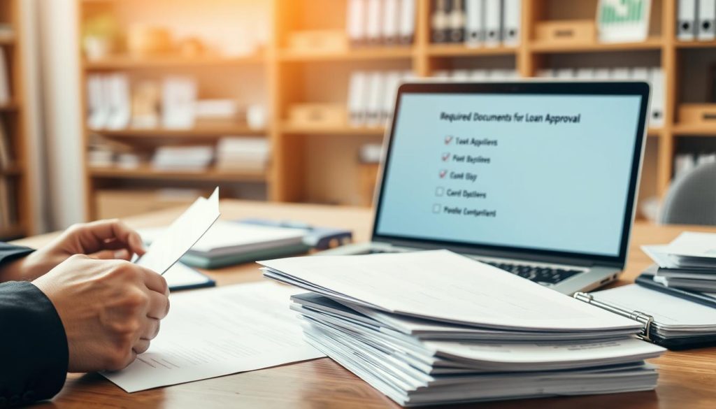 A well-organized desk setting with a stack of neatly arranged documents, including a loan application form and supporting paperwork. In the foreground, a pair of professional hands sorting the documents, wearing smart business attire, conveying a sense of urgency and focus. In the middle ground, a laptop displaying a digital checklist titled "Required Documents for Loan Approval," with a soft glow from the screen indicating activity. The background shows a blurred office environment with shelves of books and financial charts, enhancing the atmosphere of professionalism and preparation. The lighting is bright and natural, suggesting a productive daytime atmosphere, with warm tones that inspire confidence and motivation.