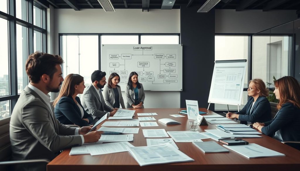 A well-organized office environment showcasing a stylish conference room with a large table covered in documents and financial reports. In the foreground, a diverse group of professionals in business attire are engaged in a discussion, examining charts and loan application forms with focused expressions. The middle layer features a large whiteboard with a flowchart illustrating the steps of loan approval, emphasizing completeness and consistency of data. In the background, large windows let in soft, natural daylight, creating an uplifting atmosphere. The overall mood is serious yet collaborative, reflecting the importance of thorough documentation in the loan approval process. The image should be framed from a slightly elevated angle, providing a clear view of the interactions and materials present. A well-organized office environment showcasing a stylish conference room with a large table covered in documents and financial reports. In the foreground, a diverse group of professionals in business attire are engaged in a discussion, examining charts and loan application forms with focused expressions. The middle layer features a large whiteboard with a flowchart illustrating the steps of loan approval, emphasizing completeness and consistency of data. In the background, large windows let in soft, natural daylight, creating an uplifting atmosphere. The overall mood is serious yet collaborative, reflecting the importance of thorough documentation in the loan approval process. The image should be framed from a slightly elevated angle, providing a clear view of the interactions and materials present.