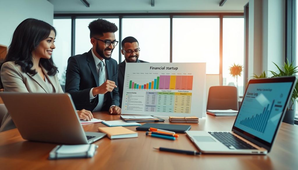A well-organized office setting designed for a startup's financial planning, featuring a large wooden desk with a laptop open displaying financial graphs and diagrams. In the foreground, a diverse group of three professionals in smart business attire - a woman of Asian descent, a man of African descent, and a woman of Caucasian descent - are engaged in a focused discussion, pointing at a colorful chart labeled with various funding allocations and purpose categories. The middle ground contains various office supplies like notebooks and pens, giving an impression of a brainstorming session. In the background, large windows let in soft, natural lighting, creating an optimistic and productive atmosphere. The overall mood is one of collaboration, clarity, and strategic planning. A well-organized office setting designed for a startup's financial planning, featuring a large wooden desk with a laptop open displaying financial graphs and diagrams. In the foreground, a diverse group of three professionals in smart business attire - a woman of Asian descent, a man of African descent, and a woman of Caucasian descent - are engaged in a focused discussion, pointing at a colorful chart labeled with various funding allocations and purpose categories. The middle ground contains various office supplies like notebooks and pens, giving an impression of a brainstorming session. In the background, large windows let in soft, natural lighting, creating an optimistic and productive atmosphere. The overall mood is one of collaboration, clarity, and strategic planning.