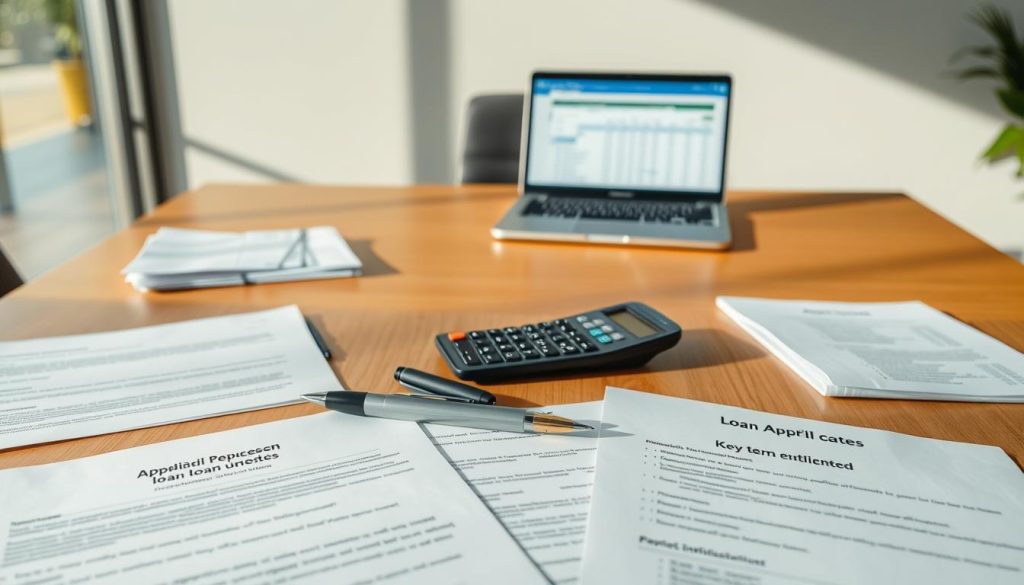 A well-organized office setting featuring essential loan process documents. In the foreground, lay out a variety of carefully arranged documents, such as loan application forms, approval letters, and key terms outlined. Include a pen and a calculator, emphasizing the meticulousness of the review process. The middle ground shows a sleek wooden desk, enhancing professionalism, with a laptop displaying a spreadsheet, subtly hinting at financial analysis. The background can feature a large window allowing natural light to stream in, creating a warm and inviting atmosphere. Soft shadows cast across the desk add depth, and the entire scene conveys a mood of diligence and careful consideration. The composition should focus on clarity and professionalism, avoiding clutter or distractions.