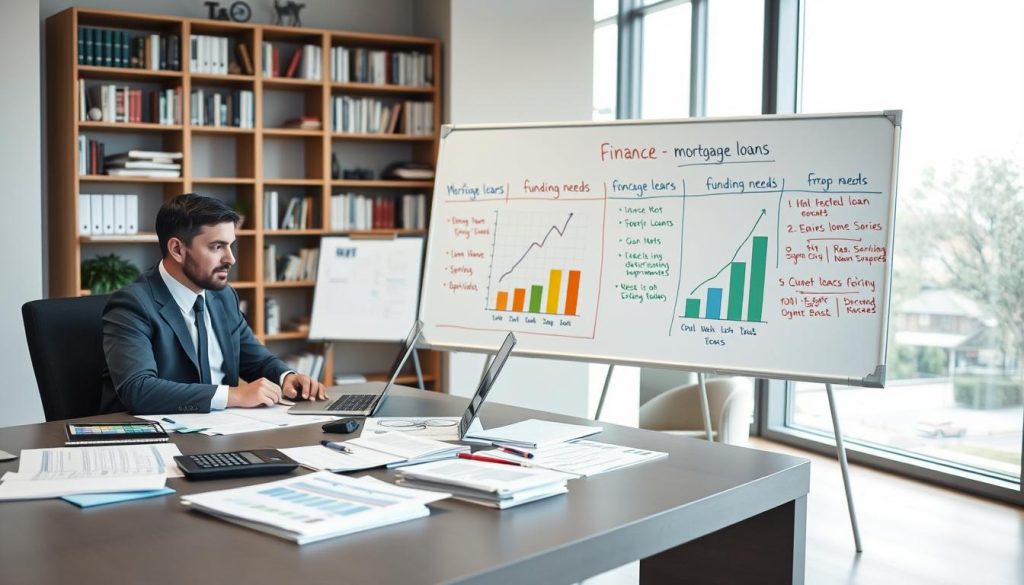 A well-organized office space with a large, modern desk in the foreground, covered with financial documents, a calculator, and a laptop displaying graphs. A professional business person, dressed in formal attire, is seated at the desk, analyzing data related to funding needs for mortgage loans. In the middle ground, a large whiteboard with colorful charts and notes illustrating key points about increasing loan amounts and financial assessments. The background features shelves filled with books on finance and a large window letting in soft natural light, creating a calm and focused atmosphere. The overall mood is analytical and serious, conveying a sense of importance in understanding funding requirements for loan applications. A well-organized office space with a large, modern desk in the foreground, covered with financial documents, a calculator, and a laptop displaying graphs. A professional business person, dressed in formal attire, is seated at the desk, analyzing data related to funding needs for mortgage loans. In the middle ground, a large whiteboard with colorful charts and notes illustrating key points about increasing loan amounts and financial assessments. The background features shelves filled with books on finance and a large window letting in soft natural light, creating a calm and focused atmosphere. The overall mood is analytical and serious, conveying a sense of importance in understanding funding requirements for loan applications.