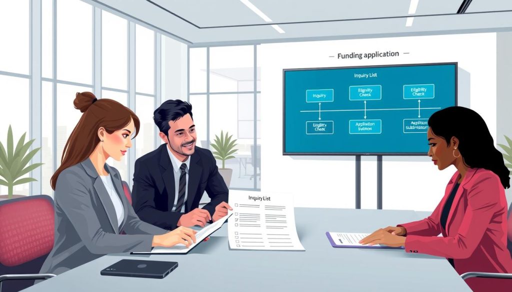 A well-organized, visually engaging illustration of a "funding application process" in a professional setting. In the foreground, a diverse group of three individuals, a Caucasian woman, an Asian man, and a Black woman, dressed in smart business attire, are seated around a modern conference table, reviewing a detailed checklist titled "Inquiry List." In the middle ground, a large digital screen displays a flowchart outlining the funding process with clear stages, including "Inquiry," "Eligibility Check," and "Application Submission." The background features a sleek office space with large windows allowing natural light to fill the room, creating an inviting atmosphere. The mood is focused and collaborative, emphasizing a sense of professionalism and clarity in the financial process. A well-organized, visually engaging illustration of a "funding application process" in a professional setting. In the foreground, a diverse group of three individuals, a Caucasian woman, an Asian man, and a Black woman, dressed in smart business attire, are seated around a modern conference table, reviewing a detailed checklist titled "Inquiry List." In the middle ground, a large digital screen displays a flowchart outlining the funding process with clear stages, including "Inquiry," "Eligibility Check," and "Application Submission." The background features a sleek office space with large windows allowing natural light to fill the room, creating an inviting atmosphere. The mood is focused and collaborative, emphasizing a sense of professionalism and clarity in the financial process.