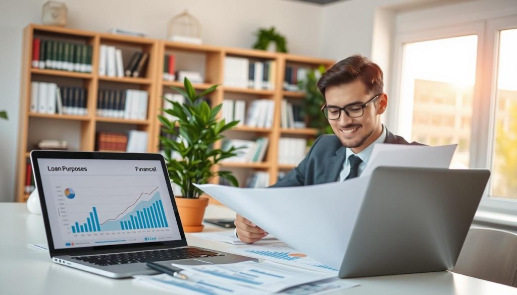 A well-organized workspace featuring a professional individual reviewing financial documents at a desk. In the foreground, a laptop is open, displaying graphs and charts related to loan purposes and financial planning. In the middle ground, a potted plant adds a touch of greenery, emphasizing a calm and organized environment. The background shows a bookshelf filled with finance books and a large window with soft, natural light filtering in, creating a warm and inviting atmosphere. The individual is dressed in professional business attire, reflecting seriousness and trustworthiness. The overall mood is focused and optimistic, highlighting a responsible approach to managing funds for various legitimate purposes.