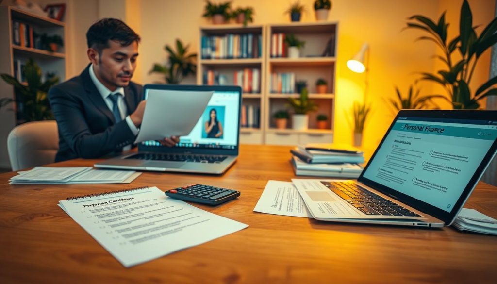 A well-organized workspace for preparing personal loan applications, featuring a wooden desk with neatly arranged documents, including a checklist of required conditions and documents, a calculator, and a laptop displaying a personal finance website. In the foreground, a professional-looking person in business attire is reviewing papers with a focused expression. The middle of the image showcases a cozy, well-lit office with soft yellow lighting that creates a warm atmosphere, while the background features a bookshelf filled with financial books and potted plants for a touch of greenery. The camera angle is slightly tilted down, capturing the details on the desk while giving a glimpse of the ambient office setting. The mood is one of diligence and preparation, emphasizing the importance of readiness before applying for a loan. A well-organized workspace for preparing personal loan applications, featuring a wooden desk with neatly arranged documents, including a checklist of required conditions and documents, a calculator, and a laptop displaying a personal finance website. In the foreground, a professional-looking person in business attire is reviewing papers with a focused expression. The middle of the image showcases a cozy, well-lit office with soft yellow lighting that creates a warm atmosphere, while the background features a bookshelf filled with financial books and potted plants for a touch of greenery. The camera angle is slightly tilted down, capturing the details on the desk while giving a glimpse of the ambient office setting. The mood is one of diligence and preparation, emphasizing the importance of readiness before applying for a loan.