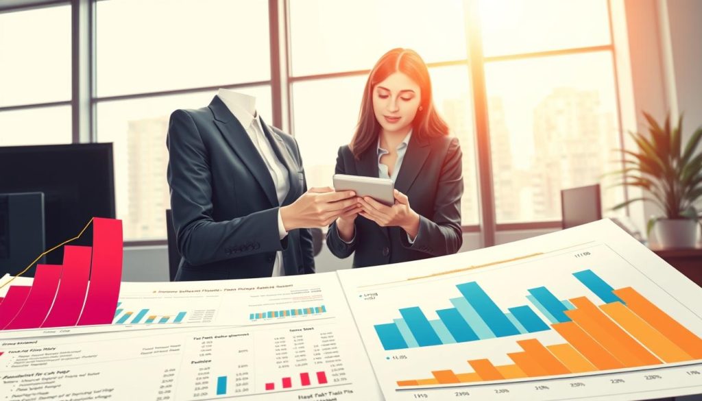 An engaging and informative illustration depicting the financial health assessment using the three core financial statements: the income statement, balance sheet, and cash flow statement. In the foreground, show detailed graphs and charts illustrating key financial metrics, neatly organized with vibrant colors that convey clarity. In the middle ground, feature a professional woman in formal business attire analyzing the statements, her expression focused and thoughtful, as she uses a calculator. The background should have a modern office setting with large windows allowing natural light to illuminate the room, creating an atmosphere of professionalism and diligence. Utilize a slight angle to capture depth, ensuring the scene feels dynamic and informative without any text or branding elements. The mood should reflect a serious yet hopeful approach to financial assessment and responsibility. An engaging and informative illustration depicting the financial health assessment using the three core financial statements: the income statement, balance sheet, and cash flow statement. In the foreground, show detailed graphs and charts illustrating key financial metrics, neatly organized with vibrant colors that convey clarity. In the middle ground, feature a professional woman in formal business attire analyzing the statements, her expression focused and thoughtful, as she uses a calculator. The background should have a modern office setting with large windows allowing natural light to illuminate the room, creating an atmosphere of professionalism and diligence. Utilize a slight angle to capture depth, ensuring the scene feels dynamic and informative without any text or branding elements. The mood should reflect a serious yet hopeful approach to financial assessment and responsibility.