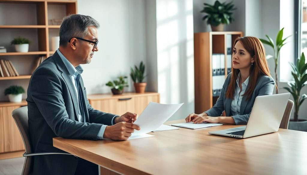 An office setting depicting a professional-looking financial consultant and a client, both in modest business attire, sitting at a sleek wooden desk. The consultant, a middle-aged man with glasses, is explaining the car loan process to a young woman, who appears thoughtful and engaged. Papers and a laptop are on the desk, creating a focused atmosphere. In the background, there are shelves neatly arranged with financial books and decorative plants, adding warmth to the space. Soft, natural light streams in through a nearby window, enhancing the sense of clarity and trust. The overall mood is one of professionalism and informed decision-making, illustrating the concept of using a broker for car loans.