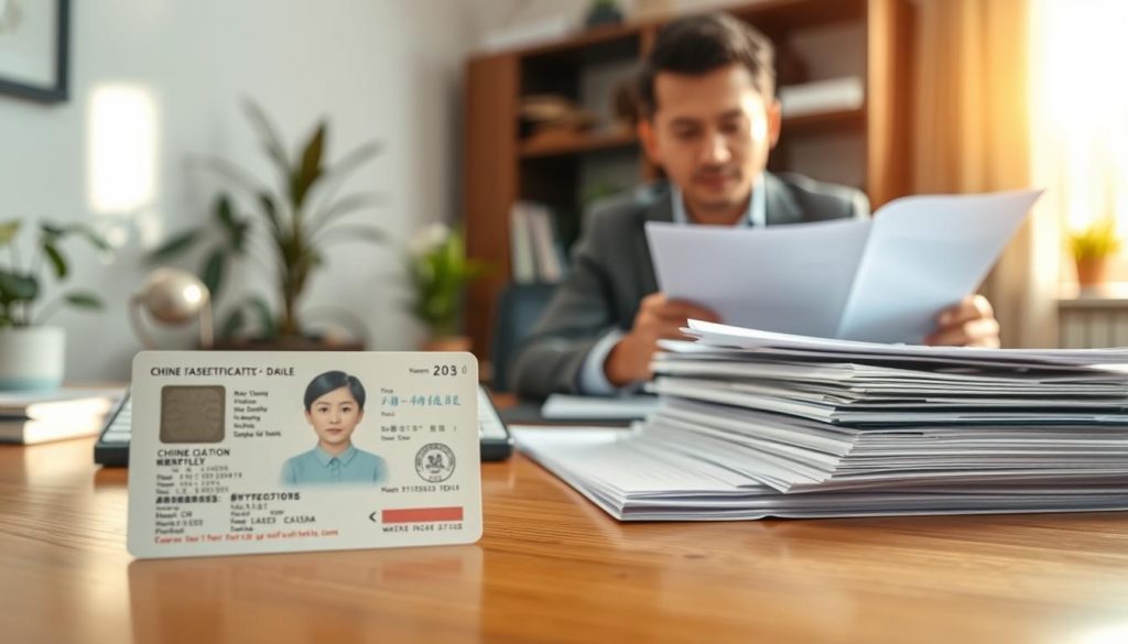 An organized desk scene showcasing important identification documents. In the foreground, a clear view of a Chinese identity card, with visible but blurred personal details, placed on a polished wooden surface. A neatly stacked pile of essential paperwork, including forms and certificates, is arranged nearby. In the middle ground, a business professional in modest attire is seen reviewing these documents, with a focused expression. The background features a softly blurred office setting, with plants and a bookshelf. Soft, warm lighting creates an inviting atmosphere, mimicking afternoon sunlight streaming through a window. The image conveys professionalism, preparation, and the importance of identity verification documents. An organized desk scene showcasing important identification documents. In the foreground, a clear view of a Chinese identity card, with visible but blurred personal details, placed on a polished wooden surface. A neatly stacked pile of essential paperwork, including forms and certificates, is arranged nearby. In the middle ground, a business professional in modest attire is seen reviewing these documents, with a focused expression. The background features a softly blurred office setting, with plants and a bookshelf. Soft, warm lighting creates an inviting atmosphere, mimicking afternoon sunlight streaming through a window. The image conveys professionalism, preparation, and the importance of identity verification documents.