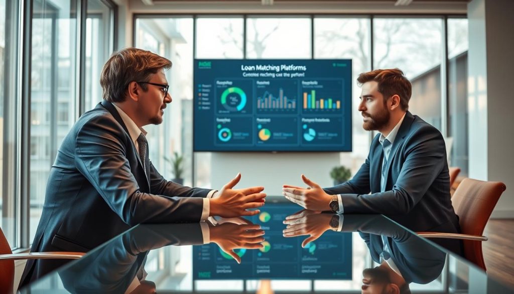 In a modern, bright office environment, a business professional in a tailored suit is engaged in a discussion with a customer across a sleek glass table. The customer, also dressed in smart casual attire, appears intrigued and attentive. Behind them, a large digital screen displays visual data and charts related to loan matching platforms. Soft natural lighting filters through large windows, creating a warm and inviting atmosphere. The scene conveys a sense of collaboration and innovation, focusing on the dynamic relationship between a loan consultant and a client. The camera angle is slightly elevated, emphasizing the interaction while capturing the detail of the office setting. The overall mood is professional yet approachable, reflecting the theme of loan mediation.