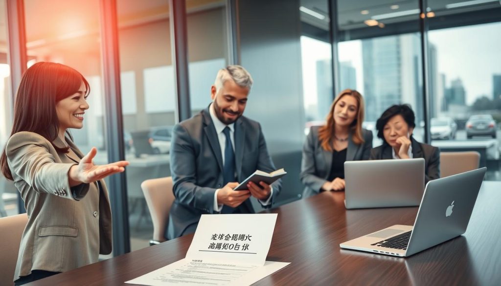 A business meeting in a modern office setting, featuring a diverse group of four professionals discussing financial options. In the foreground, a woman in a professional outfit gestures towards a document labeled '一次撥款' (one-time disbursement) on a conference table. In the middle ground, a man in business attire is making notes on a notepad, while another woman observes thoughtfully, her laptop open in front of her. The background shows a large window with natural light streaming in, illuminating the sleek office space with city views. The atmosphere is focused and professional, emphasizing collaboration and decision-making around financial topics.