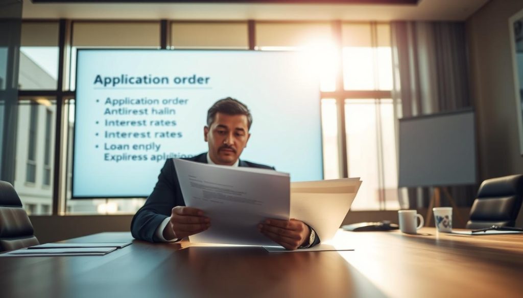 A business meeting scene focused on a professional individual seated at a conference table, analyzing a strategic plan for loan applications. In the foreground, a well-dressed person, possibly an advisor, holds a document that outlines an action plan. The background features a large presentation screen displaying bullet points about "application order" and "interest rates" in a soft-focus for clarity. Natural sunlight streams through large windows, casting a warm glow over the space. The mood is focused and collaborative, embodying a sense of urgency and clarity, signifying the importance of the decision-making process in financial applications. The camera angle is slightly elevated, capturing both the individual and the screen, emphasizing their connection.