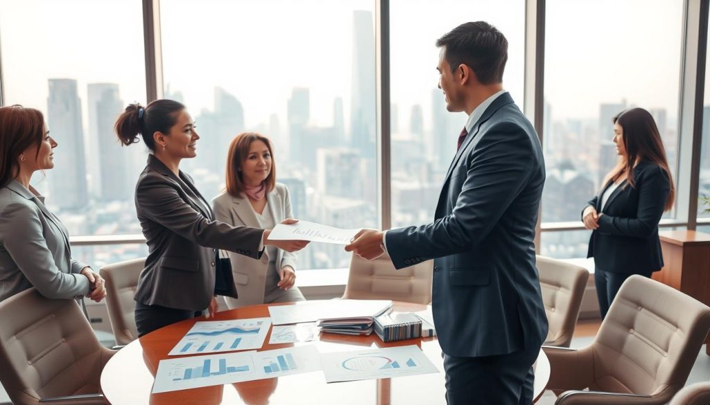 A business negotiation scene focused on "議價籌碼," depicting a diverse group of professionals in a modern office setting. In the foreground, a well-dressed man and woman are exchanging documents and shaking hands, signifying a successful deal. In the middle ground, a round table covered with charts and proposal sheets reflects the dynamic discussion, with a warm light cascading from large windows behind them. The background showcases a sleek city skyline, symbolizing financial opportunities. The atmosphere conveys confidence and strategy, with soft, natural lighting highlighting the subjects’ focused expressions. The lens is slightly angled to capture both the negotiation and the broader environment, emphasizing the theme of alternative strategies in personal credit negotiations. A business negotiation scene focused on "議價籌碼," depicting a diverse group of professionals in a modern office setting. In the foreground, a well-dressed man and woman are exchanging documents and shaking hands, signifying a successful deal. In the middle ground, a round table covered with charts and proposal sheets reflects the dynamic discussion, with a warm light cascading from large windows behind them. The background showcases a sleek city skyline, symbolizing financial opportunities. The atmosphere conveys confidence and strategy, with soft, natural lighting highlighting the subjects’ focused expressions. The lens is slightly angled to capture both the negotiation and the broader environment, emphasizing the theme of alternative strategies in personal credit negotiations.