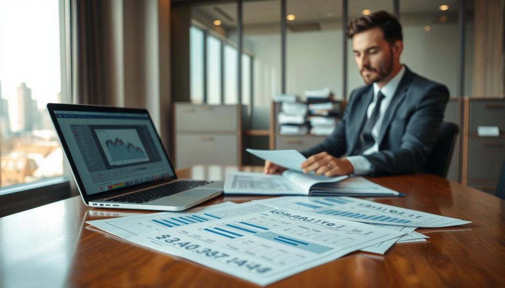 A business office setting with a polished wooden desk in the foreground, featuring neatly arranged corporate loan documents with visible charts and graphs. An open laptop displays spreadsheet data, with a professional-looking business person in formal attire reviewing the papers under soft, ambient lighting. In the middle ground, a large window reveals a cityscape that hints at the dynamics of cross-county banking. The background includes a well-organized filing cabinet filled with more documents labeled with various financial terms. The atmosphere is one of focus and productivity, emphasizing the serious nature of preparing for corporate loan applications across regions and banks. Use a slight depth of field effect to draw attention to the documents in the foreground while maintaining clarity in the background. A business office setting with a polished wooden desk in the foreground, featuring neatly arranged corporate loan documents with visible charts and graphs. An open laptop displays spreadsheet data, with a professional-looking business person in formal attire reviewing the papers under soft, ambient lighting. In the middle ground, a large window reveals a cityscape that hints at the dynamics of cross-county banking. The background includes a well-organized filing cabinet filled with more documents labeled with various financial terms. The atmosphere is one of focus and productivity, emphasizing the serious nature of preparing for corporate loan applications across regions and banks. Use a slight depth of field effect to draw attention to the documents in the foreground while maintaining clarity in the background.