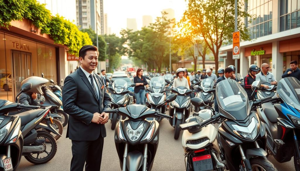 A bustling urban street scene in Taiwan featuring a variety of motorcycles showcasing different models and colors. In the foreground, a modern motorcycle loan center with a welcoming glass facade is visible, surrounded by lush greenery. A well-dressed financial consultant in professional attire stands beside a motorcycle, engaging with a prospective customer who appears interested and optimistic. The middle ground includes diverse motorcycles parked along the street, while passersby exhibit curiosity. The background displays a vibrant city skyline under soft, golden-hour lighting, creating a warm and inviting atmosphere. Emphasize a sense of trust and confidence in the loan process by capturing positive expressions on the faces of the individuals. Use a wide-angle lens to evoke depth and detail in the scene.