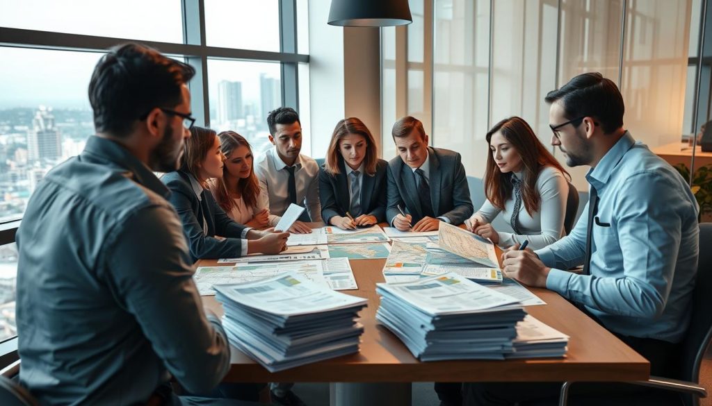 A busy office scene depicting a group of professionals gathered around a conference table, immersed in discussion about land ownership and complex property loans. In the foreground, a diverse group of individuals in professional business attire—men and women—are reviewing documents and digital maps. The middle ground features stacks of paperwork and financial reports related to land loans. The background shows a large window with a view of urban cityscapes, casting natural light into the room. The atmosphere is focused and serious, with a hint of urgency as they navigate the complexities of land ownership. Use soft, warm lighting to create an inviting yet professional mood. A busy office scene depicting a group of professionals gathered around a conference table, immersed in discussion about land ownership and complex property loans. In the foreground, a diverse group of individuals in professional business attire—men and women—are reviewing documents and digital maps. The middle ground features stacks of paperwork and financial reports related to land loans. The background shows a large window with a view of urban cityscapes, casting natural light into the room. The atmosphere is focused and serious, with a hint of urgency as they navigate the complexities of land ownership. Use soft, warm lighting to create an inviting yet professional mood.